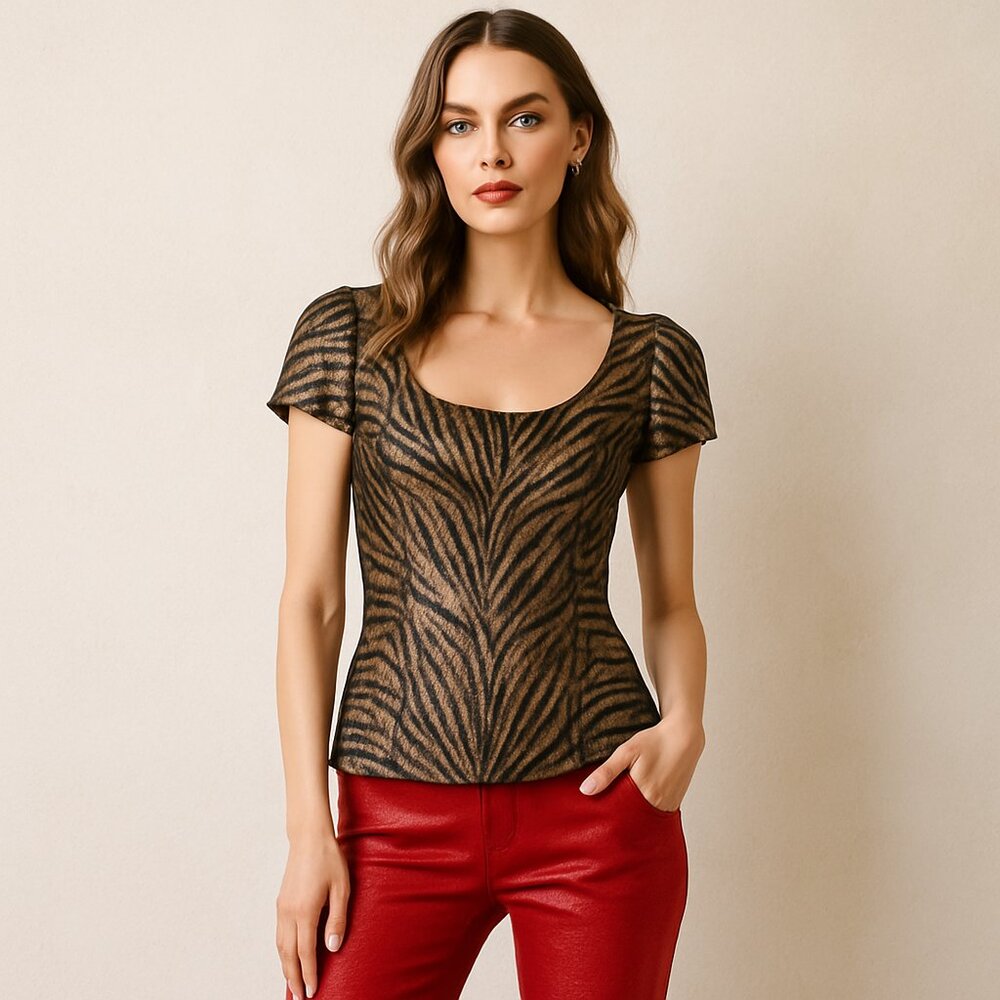 White House Black Market Silk Stretch Zebra Animal Print Short Sleeve Top Size 6